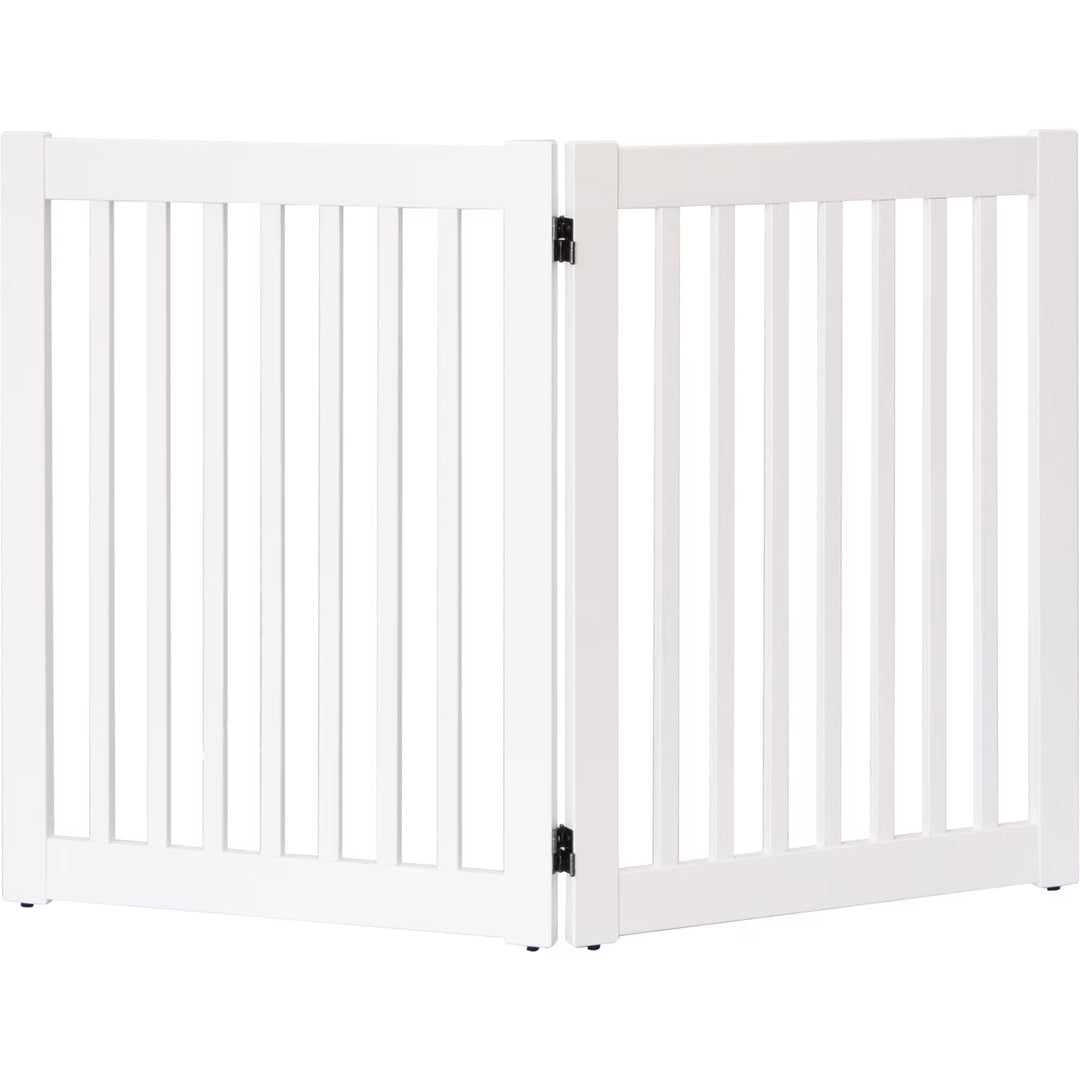 White wooden pet gate with vertical slats and black metal hinges 2 panel to 48 inches