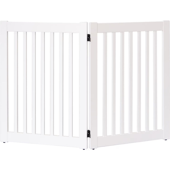 White wooden pet gate with vertical slats and black metal hinges 2 panel to 48 inches