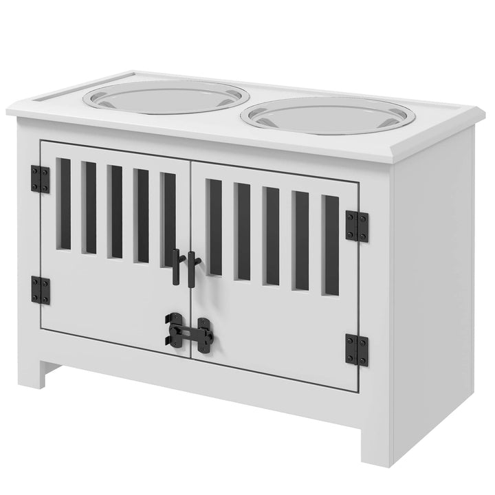 white wood  dog feeding station with doors for storage