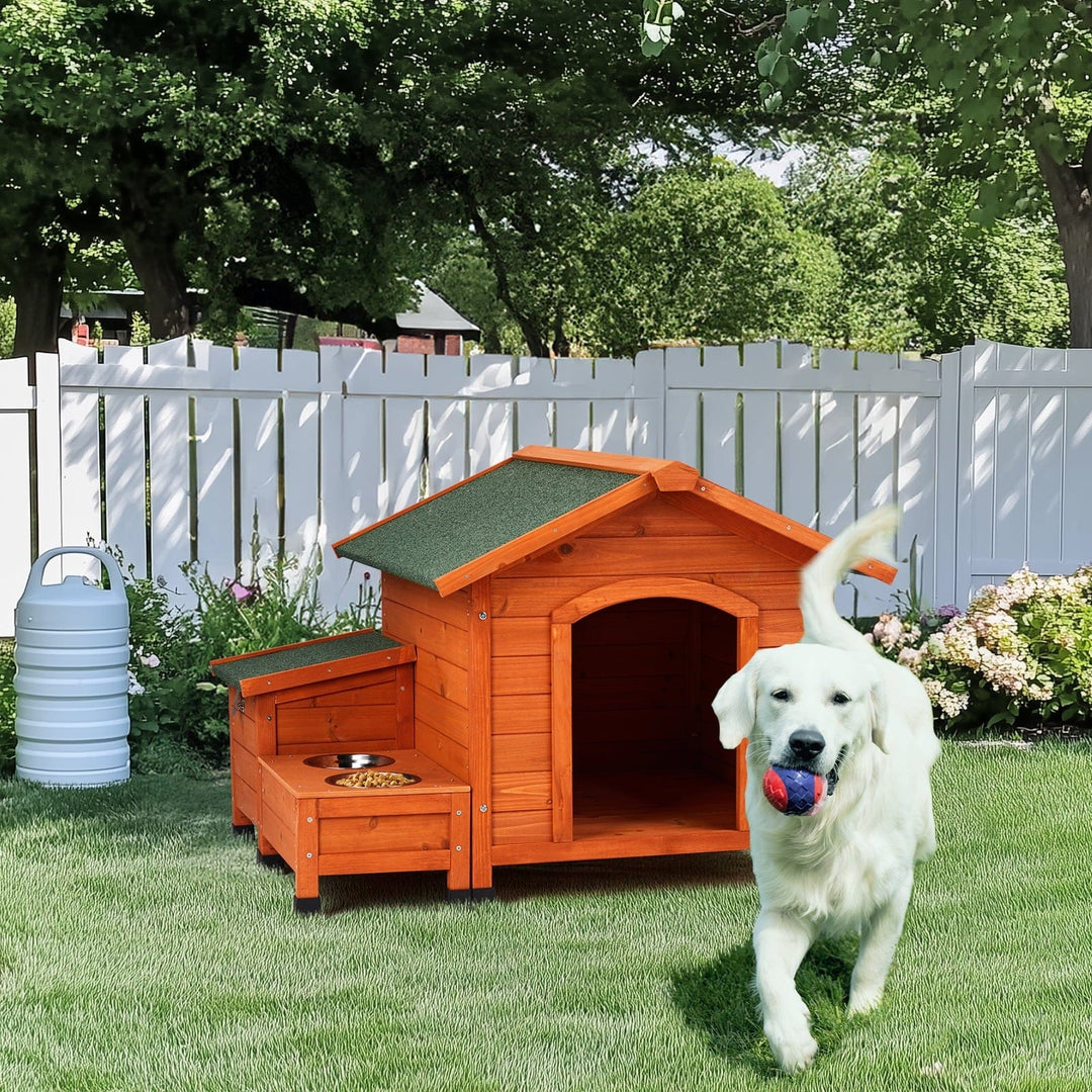 dog house with storage box and feeding bowls