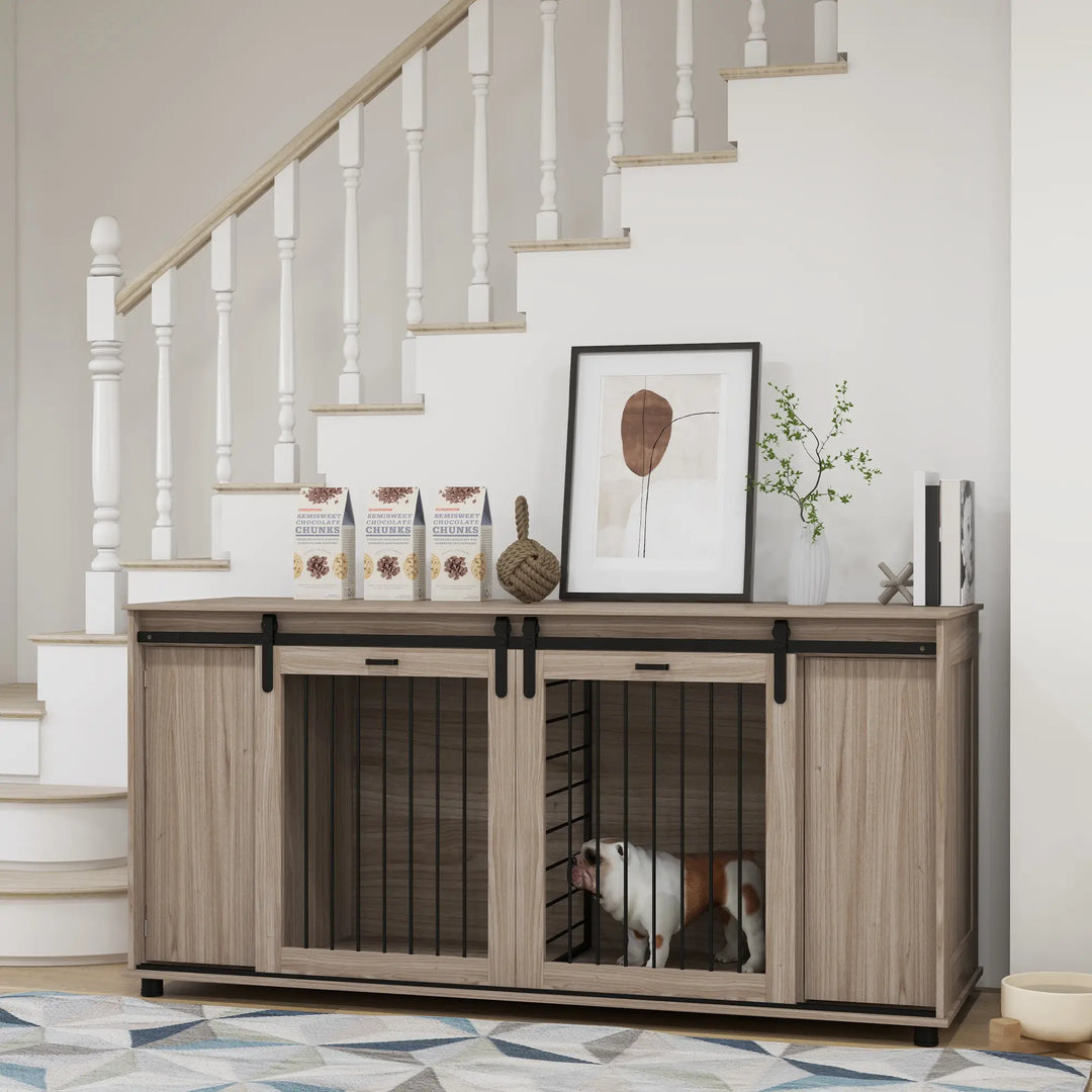 decorative large dog crate with sliding door in a home