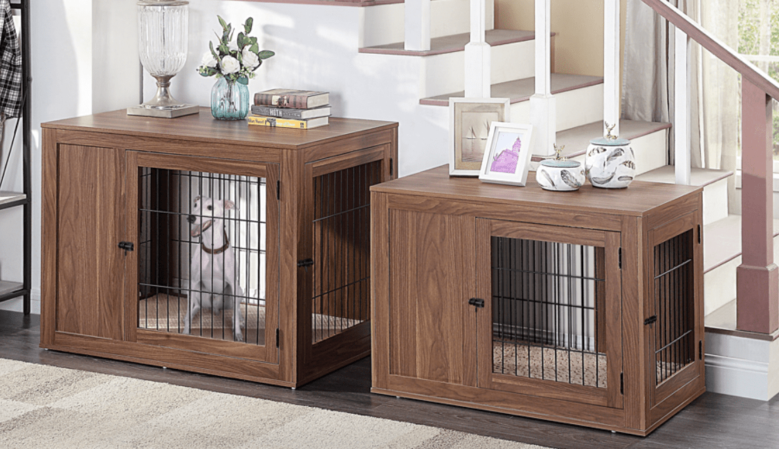 walnut dog crate table with 2 dogs and metal mesh for full ventilation