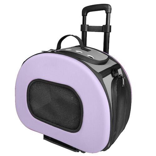 Purple wheeled small dog carrier with telescoping handle