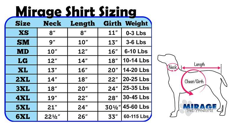 Size chart for dog shirts