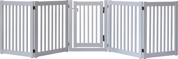Gray wood wide dog gate with swing gate is amish made in the USAg