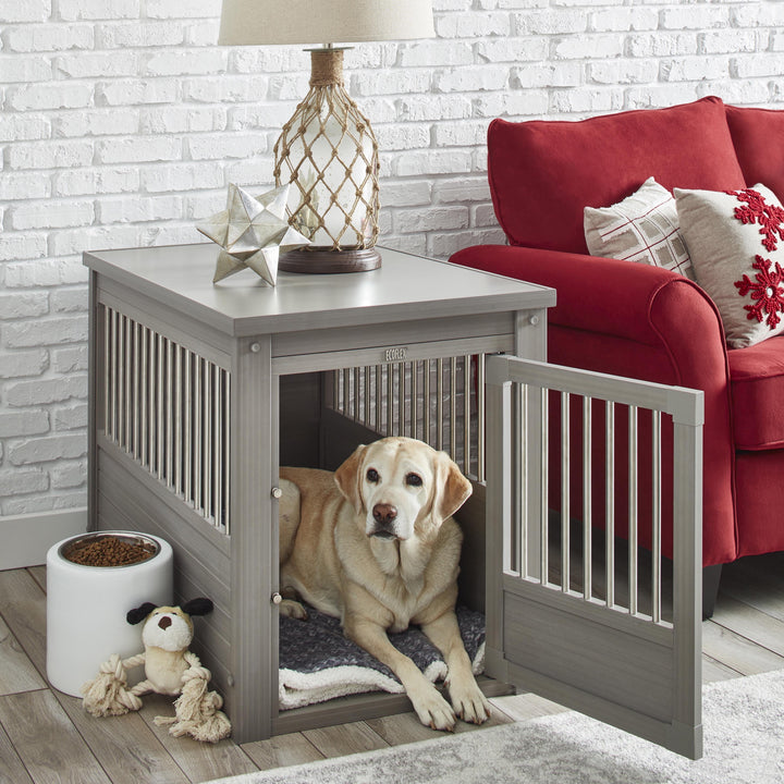 gray decorator end table dog crate -new age