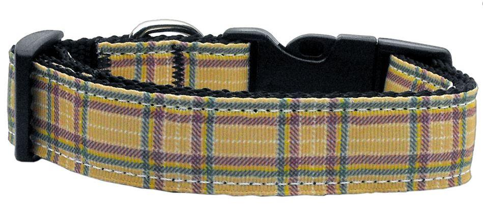 green Plaid nylon Dog Collar with metal d ring for tags and leash attachment