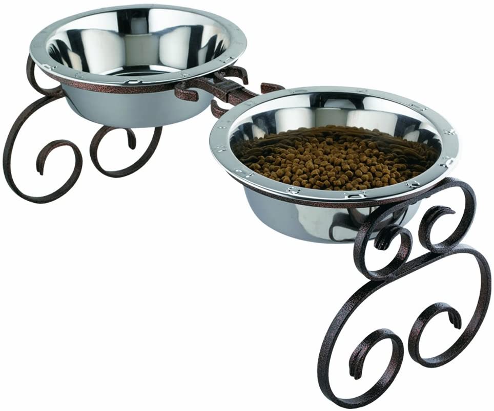 black 10 inch tall wrought iron frame double bowl diner