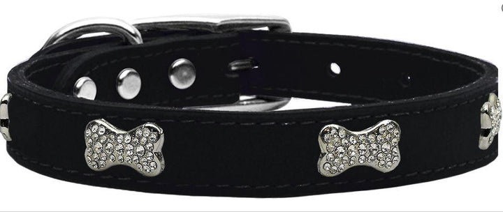 black dog collar leather crystal bone
