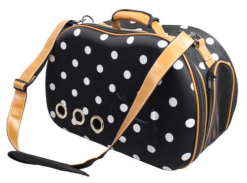 hard sided Polka dot small dog carrier with shoulder strap