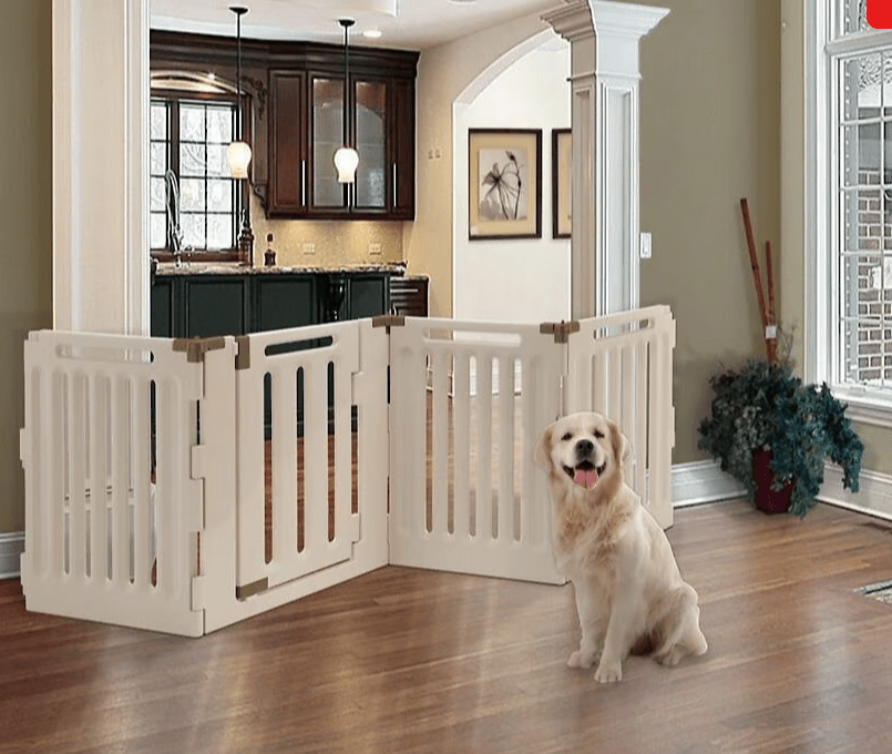 Wide dog barrier converts to a play pen