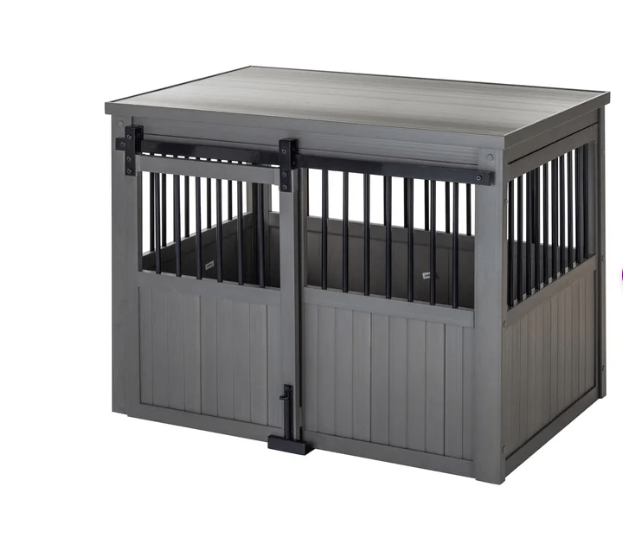 gray-dog crate-end-table w barn-door design
