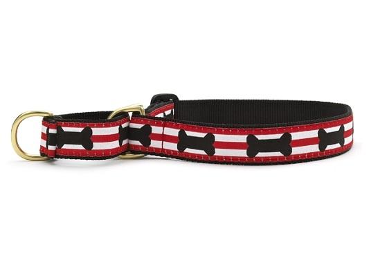 martingsle dog collar red black and white with bones design