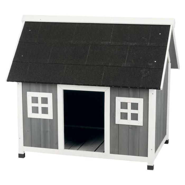 Gray Outdoor dog house with faux windows and white trim