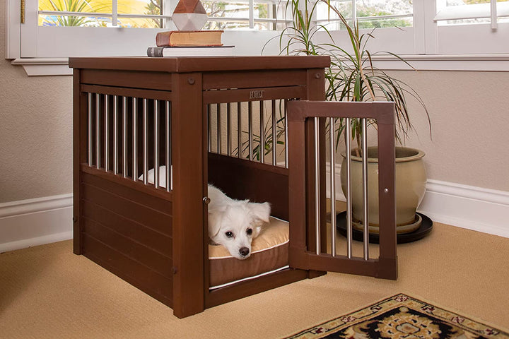 Brown dog crate with metal bars accent ventst