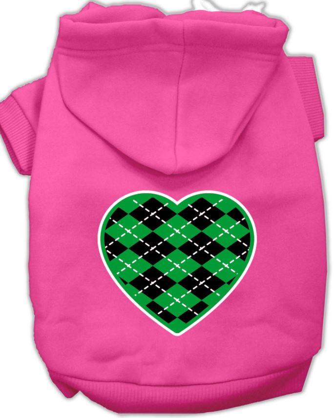 Pink dog hoodie with green heart 
