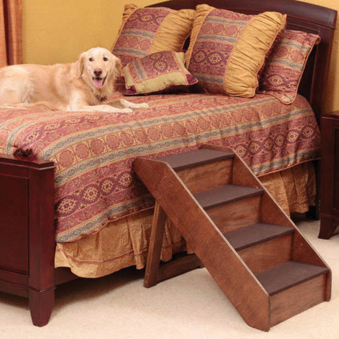 Folding walnut pet steps stairs allows pets safe access onto bed or furniture