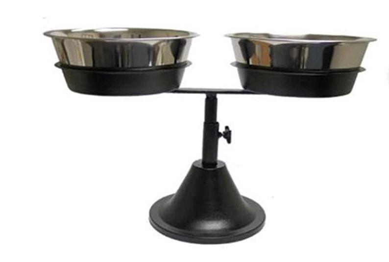 black iron pedestal dog bowl stand with 2 stainless steel bowls