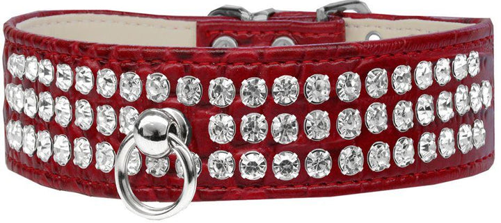 red wide rhinestones dog collar with crocodile textured finish (faux crock)