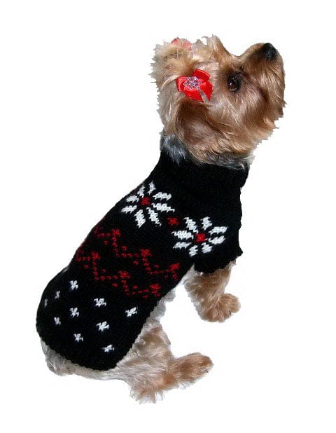 black dog sweater with snowflake design
