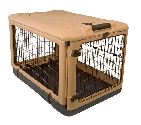 Biege steel dog crate with 3 doors and wheels