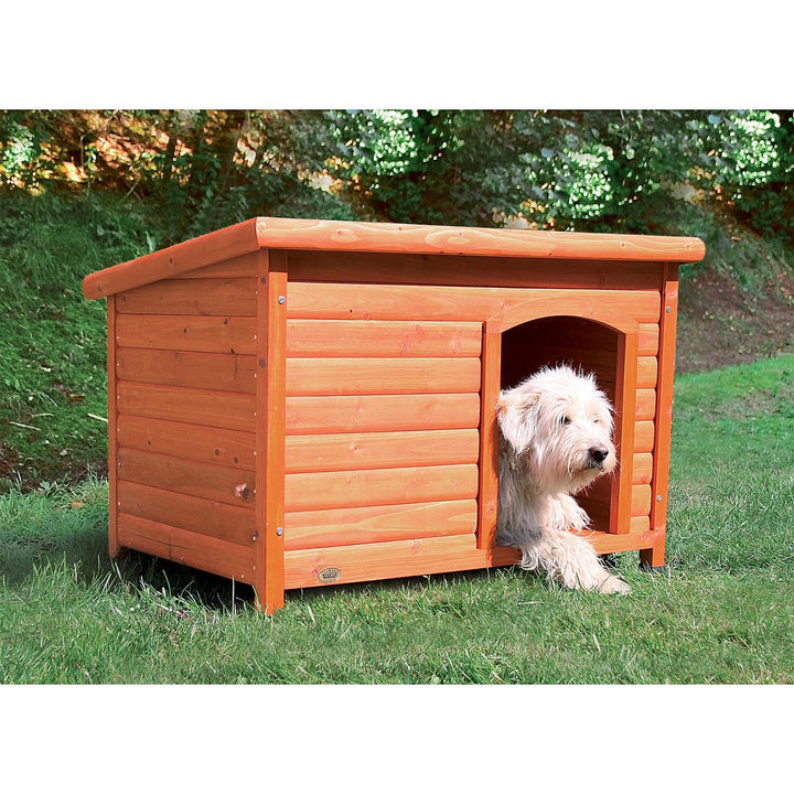 trixie-dog-house outside with dog