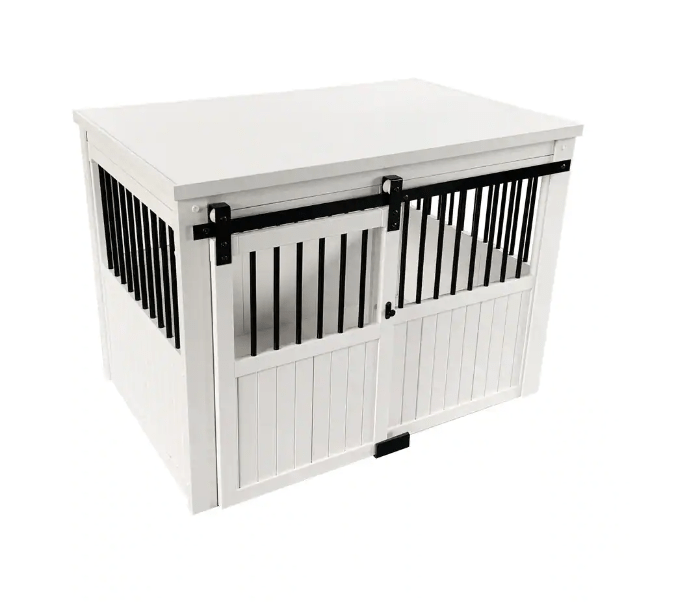 white bard-door-dog-crate end-table