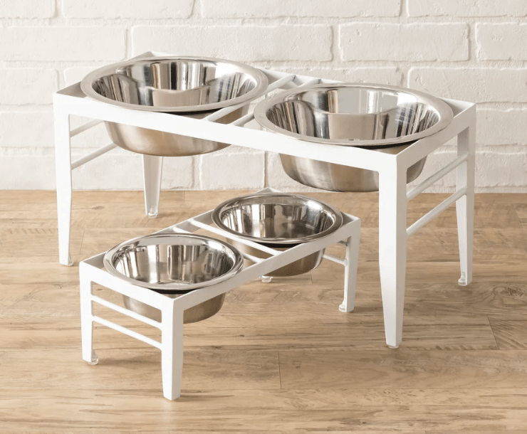 Elevated pet diner -white with dual stainless bowls